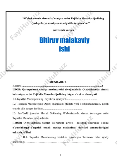 o`zbekistonda xizmat ko`rsatgan artist tojiddin murodov ijodining qashqadaryo musiqa madaniyatida tutgan o`rni — DOC
