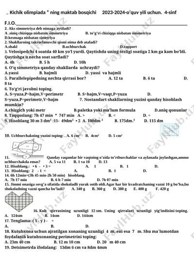 kichik olmpiada testi 2023-2024-o'quv yili 4-sinf — DOCX