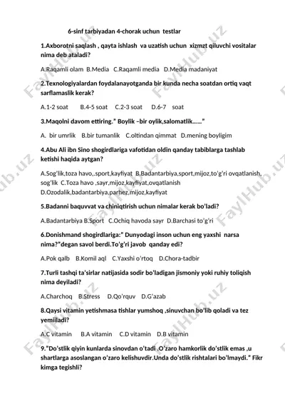 6-sinf tarbiya 4-chorak test g.ergasheva — DOCX