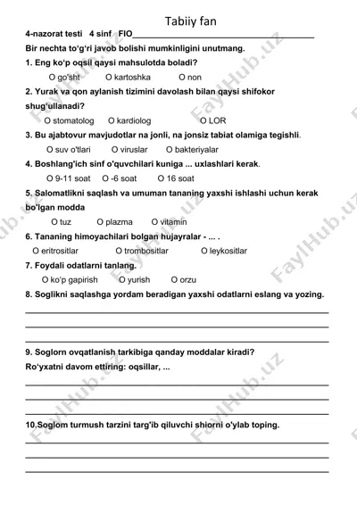 4- nazorat ishi tabiiy fan — PDF