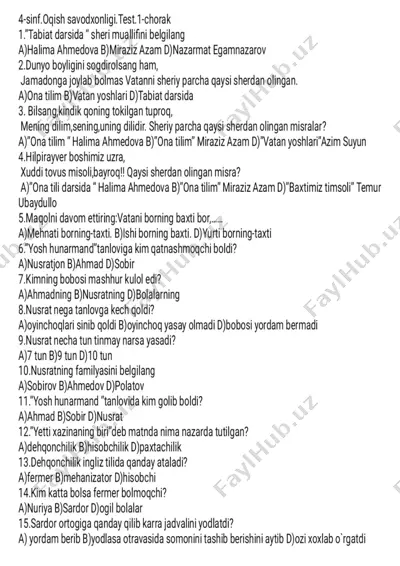 4-sinf o'qish savodxonligi 1-chorak test — PDF
