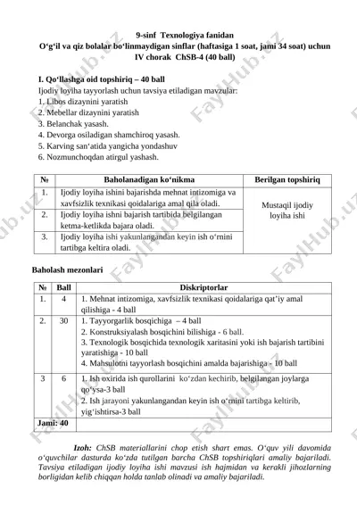 9_sinf_texnologiya_4_chsb_bo'linmaydigan_@summativ_formativ_baholash — DOCX