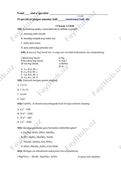 9-sinf kimyo 1-chsb 2-variant@summativ_formativ_baholash — PDF