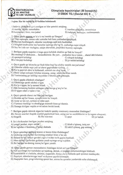 o'zbek tili 9-sinf (davlat tili) savollari — PDF