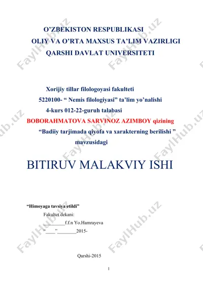 badiiy tarjimada qiyofa va xarakterning berilishi — DOC