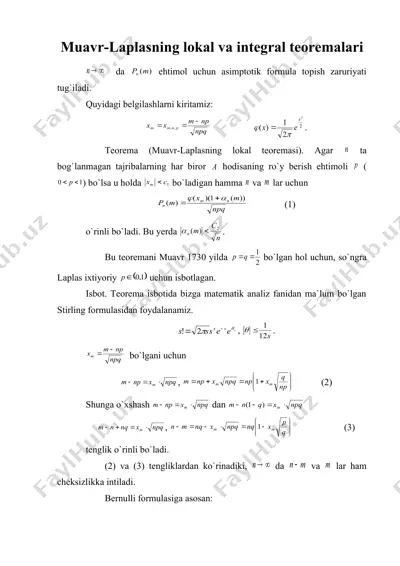 muavr-laplasning lokal va integral teoremalari — DOC