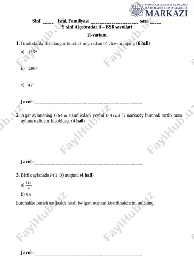 ii chorak. 9-sinf 4-bsb algebra umumtalim ii variant — PDF