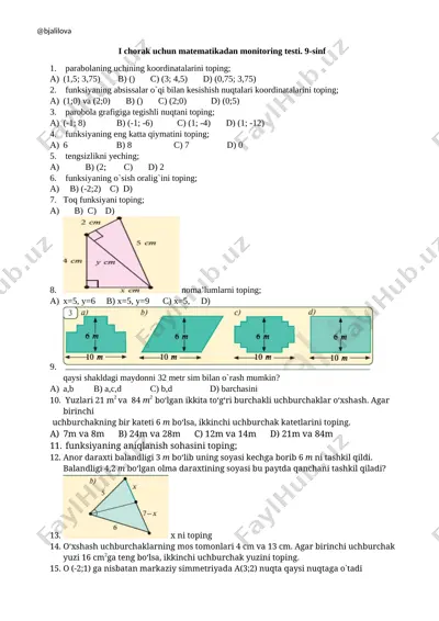 i chorak uchun matematikadan monitoring testi 9-sinf — DOCX