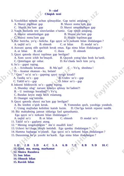 @respublika_filologlari. o‘zbek tili 9-sinf chiqish testi — DOCX