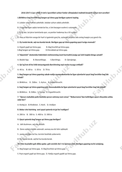 9-sinf uchun test olompiada — DOCX