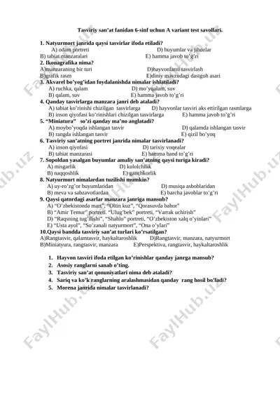 tasviriy san'at test 6-sinf — DOCX
