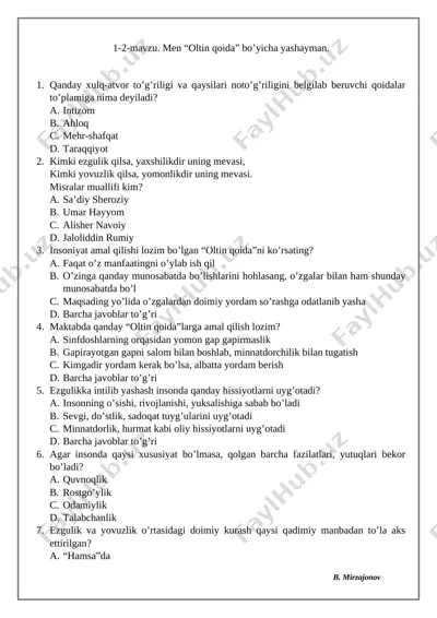 6-sinf tarbiya. mavzulashgan testlar — DOCX