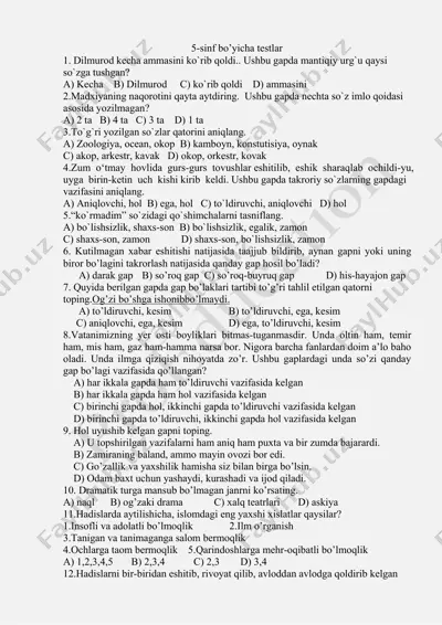 5-sinf bo'yicha testlar — PDF