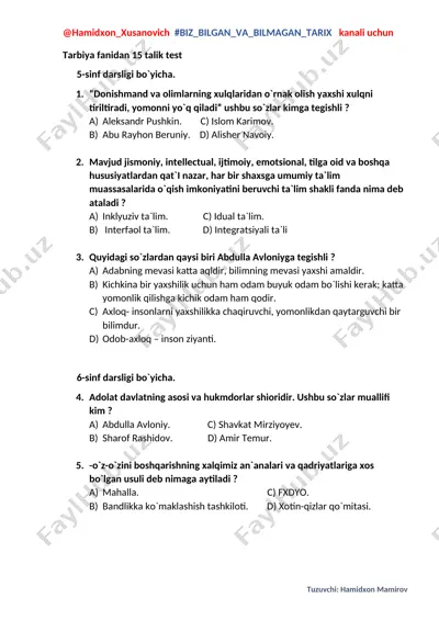tarbiya fanidan 15 talik test — DOCX