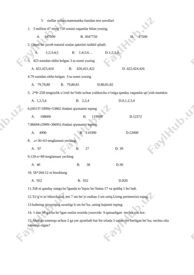 5 sinf uchun matematika fanidan test savollari — DOCX