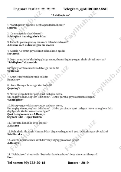 badiiy asarlar savol-javob baza — PDF