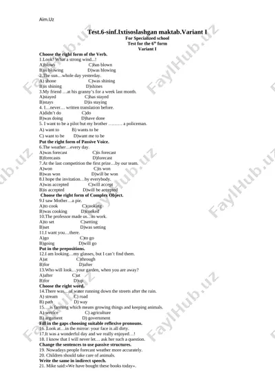 6_7_8_sinflar_ingliz_tili_test_savol — DOCX
