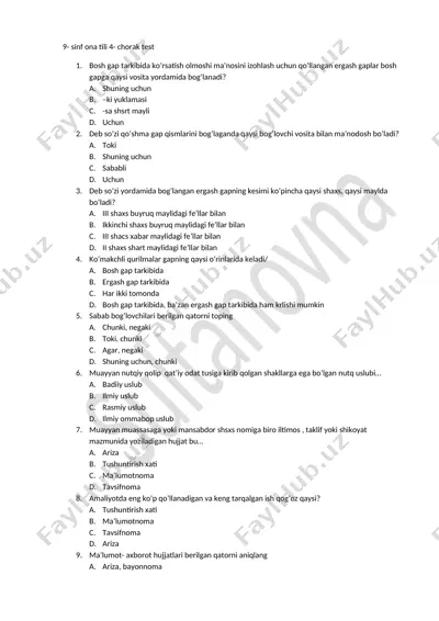 9 ona tili test 4-chorak. kumush yangi — DOCX