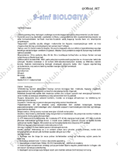 @official_akt 9-sinf biologiya javoblar 2021 to'liq — PDF