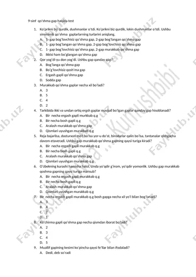 9. qo'shma gap haqida test. kumush — DOCX