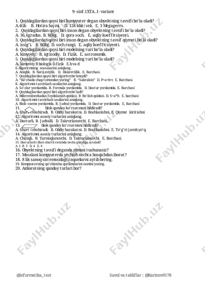 informatika 9-10-11 sinf test — PDF