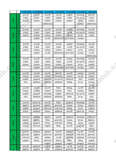 dars jadvali (1 maktab uchkurgan) — XLSX