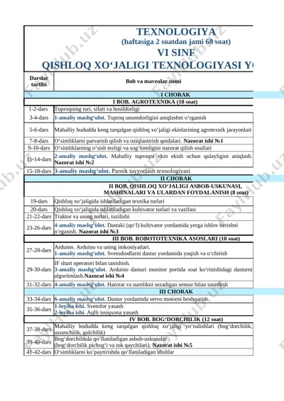 6-sinf 3-yo'nalish texnologiya — XLSX