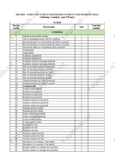 2022-2023. kalendar reja 6-sinf matematika — PDF