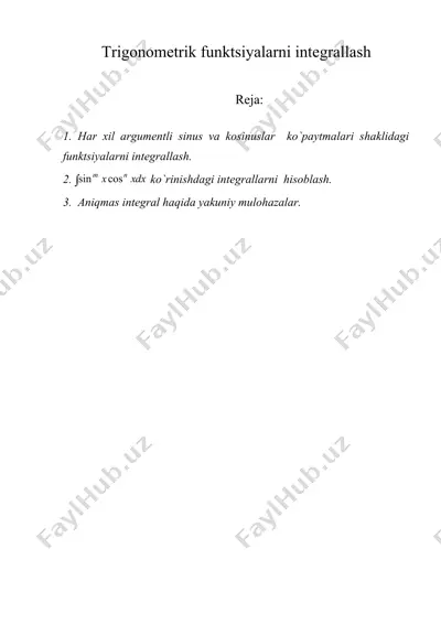 trigonomеtrik funksiyalarni intеgrallash — DOC