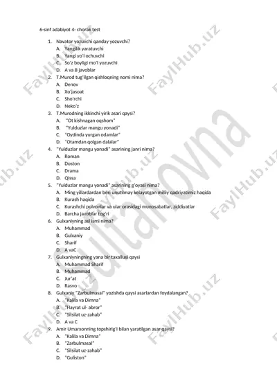 6 adabiyot 4-chorak test.kumush yangi — DOCX