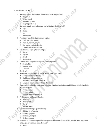 6 ona tili 4- chorak test yangi kumush — DOCX