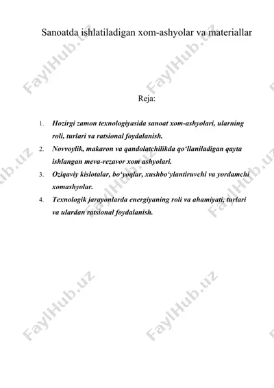 sanoatda ishlatiladigan xom-ashyolar va materiallar — DOC