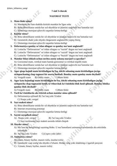 7-sinf informatika 3-chorak testi — DOCX