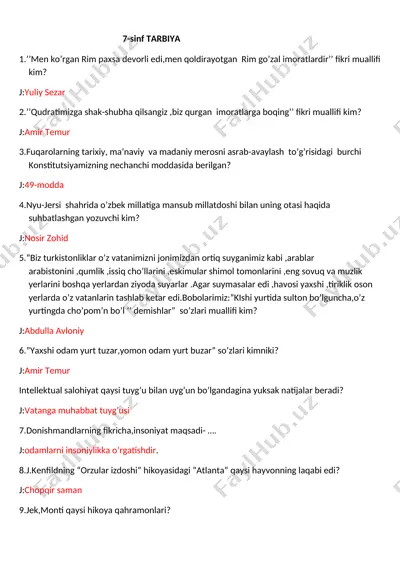 7-sinf tarbiya fanidan savol-javob — DOCX