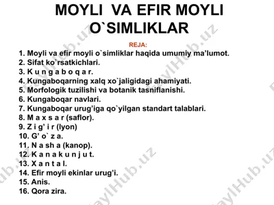 moyli va efir moyli o`simliklar — PPT