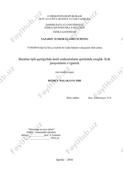 baraban tipli quritgichda donli mahsulotlarni quritishda issiqlik–fizik jarayonlarni o‘rganish — DOC