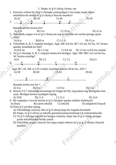 geometriya 7-sinf testlari — DOCX