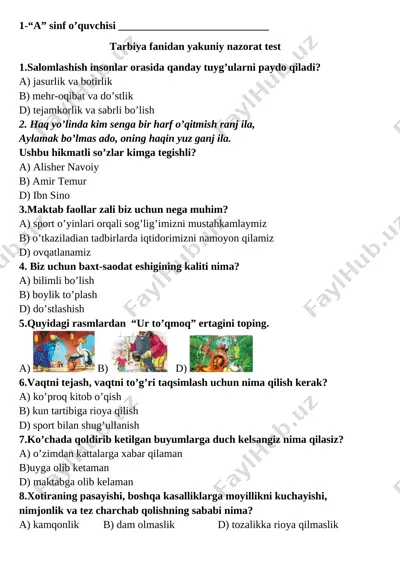 tarbiya fanidan test 1-sinf — DOCX