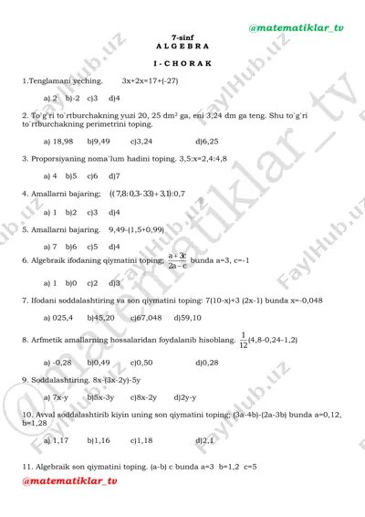 7-sinf-algebra-1-2-3-4-chorak — PDF