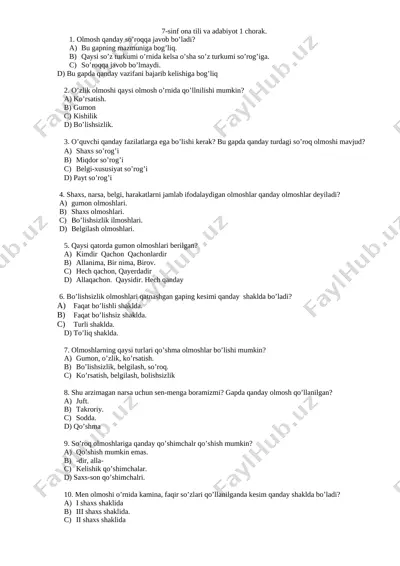 7-sinf ona tili va adabiyot 1-4 chorak. pisa test — DOCX