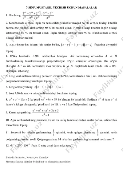 mustaqil yechish uchun 7-sinf — PDF