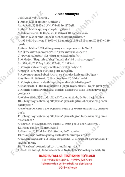 7-sinf adabiyot fanidan test — DOCX