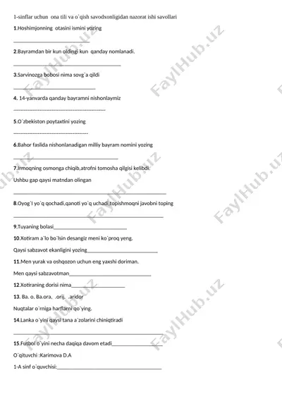 ona tili va o`qish savodxonligidan test — DOCX