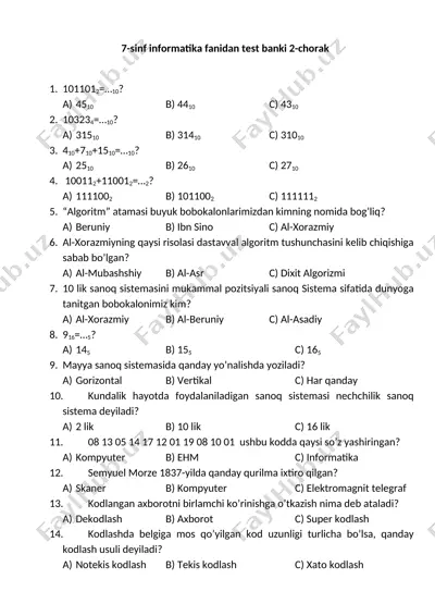 7-sinf 2-chorak test banki informatika — DOCX