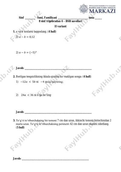 ii chorak. 8 sinf 4-bsb algebra umumtalim ii variant — PDF