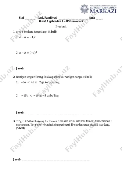 ii chorak. 8 sinf 4-bsb algebra umumtalim i variant — PDF