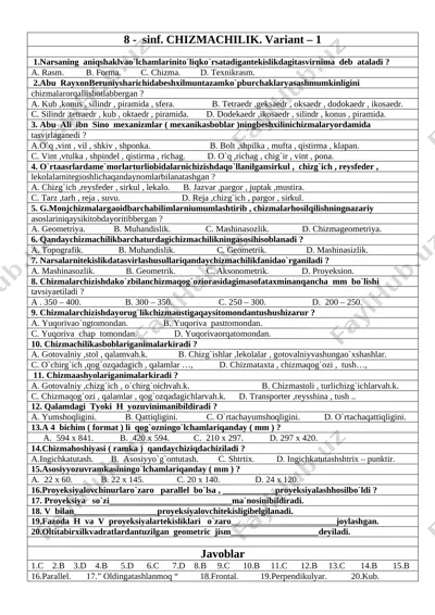 8-sinf-chizmachilik test — DOCX