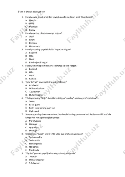 8 adabiyot 4-chorak test — DOCX
