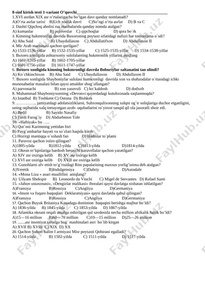 8-sinf kirish testlari — DOCX