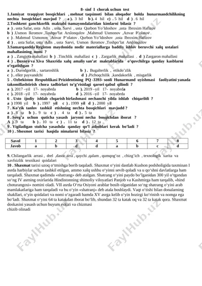 8- sinf i chorak uchun test — DOCX